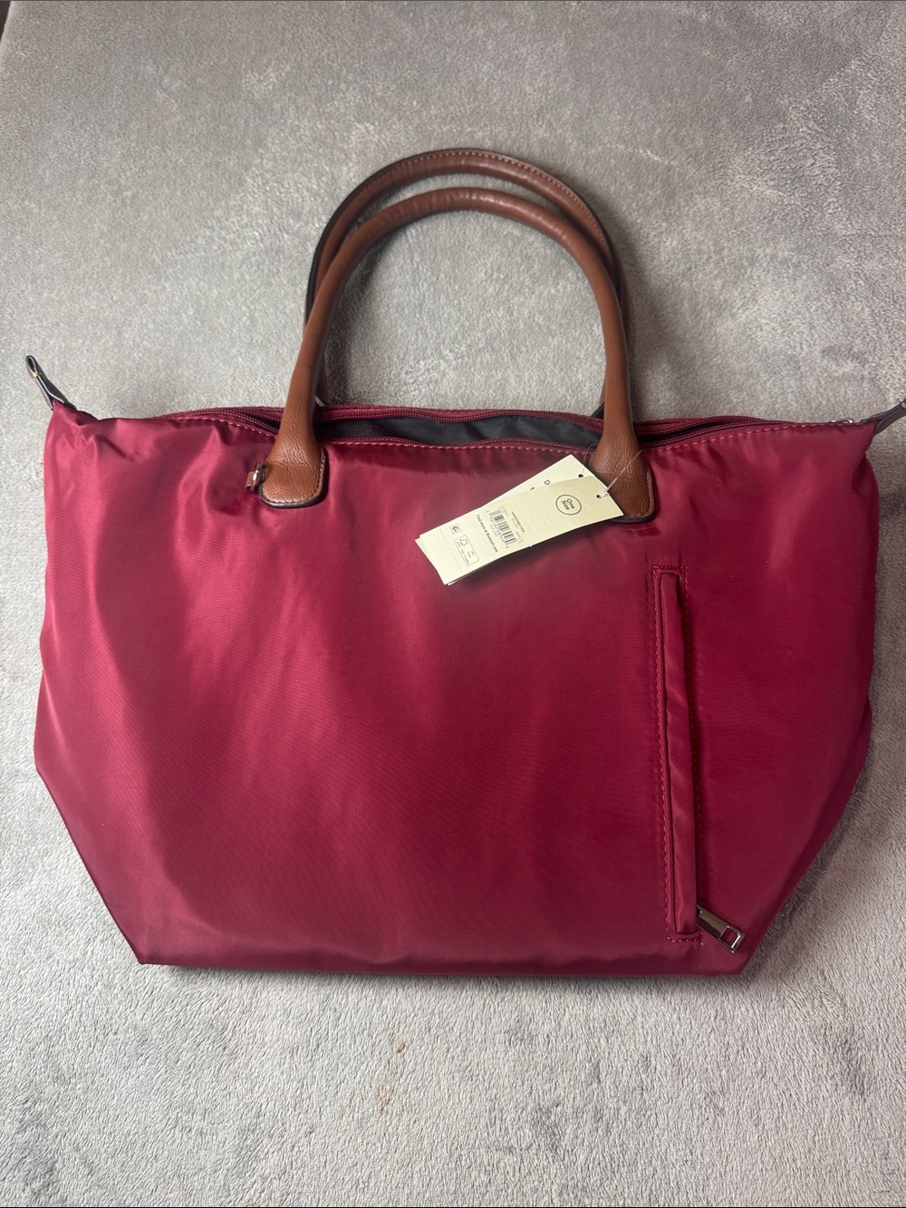 No Boundaries Burgundy Nylon Tote with Brown Handles